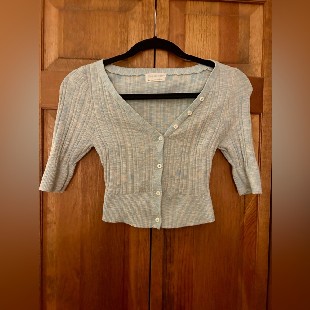 Urban Outfitters Women’s Preppy Y2K Ribbed Cropped Blue & White Ribbed Top